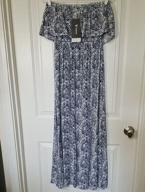 Blue and White Printed 95% Cotton Strapless Maxi Dress NWT